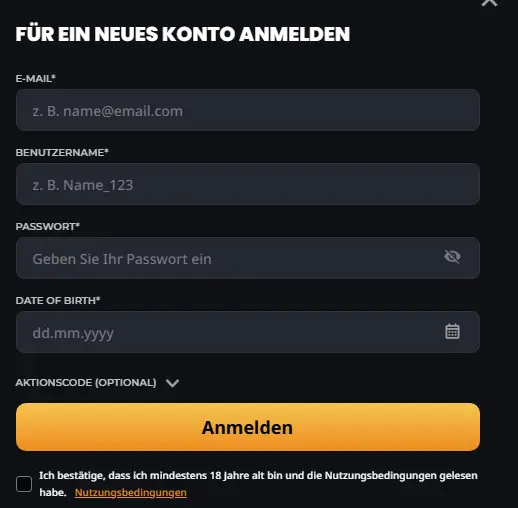 Registrierungsformular – Spielerkonto mit E-Mail-Adresse und Passwort erstellen